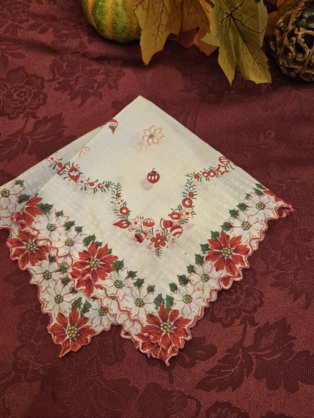 VTG MCM Ladies Christmas Gift Floral Cotton Handkerchief  12" Sq Scalloped Edge